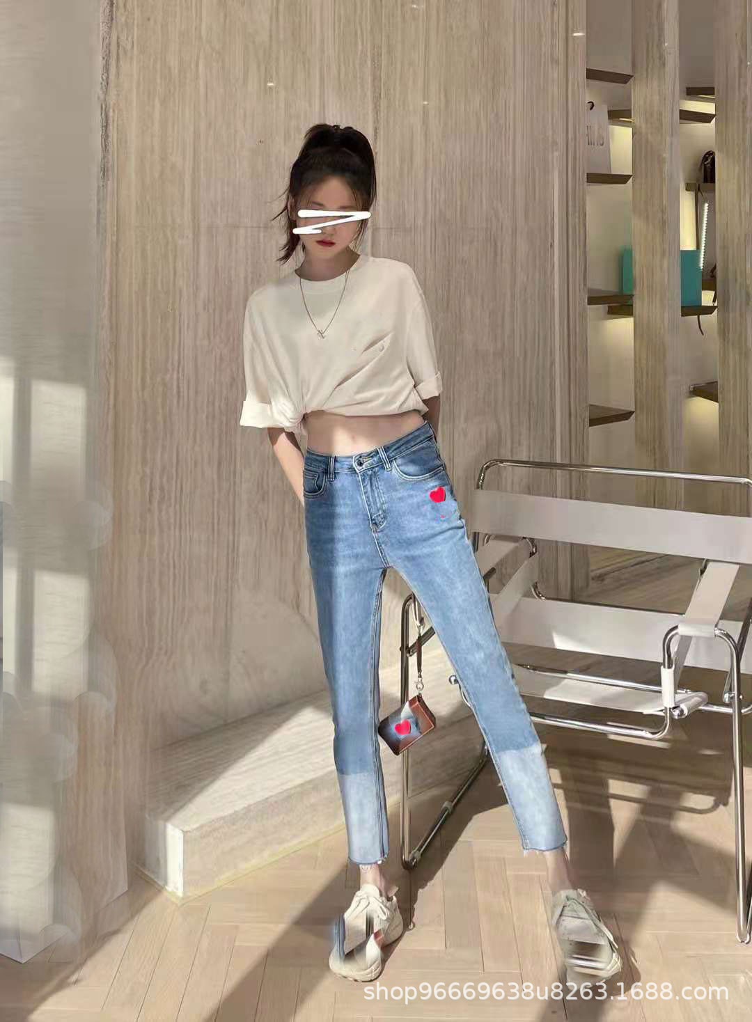 AM * 21 Autumn Light Blue Gradient Color Love Letter Embroidered High Waist Jeans Women's Slim Slimming Cropped Pants Women