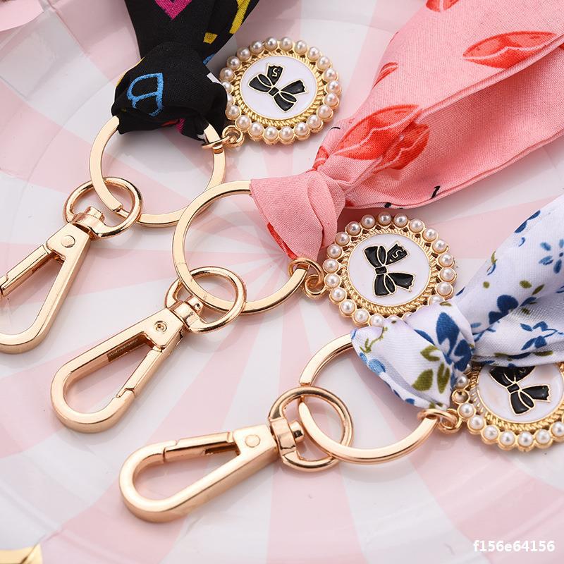 韩版真丝丝带钥匙扣蝴蝶结珍珠圆盘吊坠女士时尚包包挂件小礼品