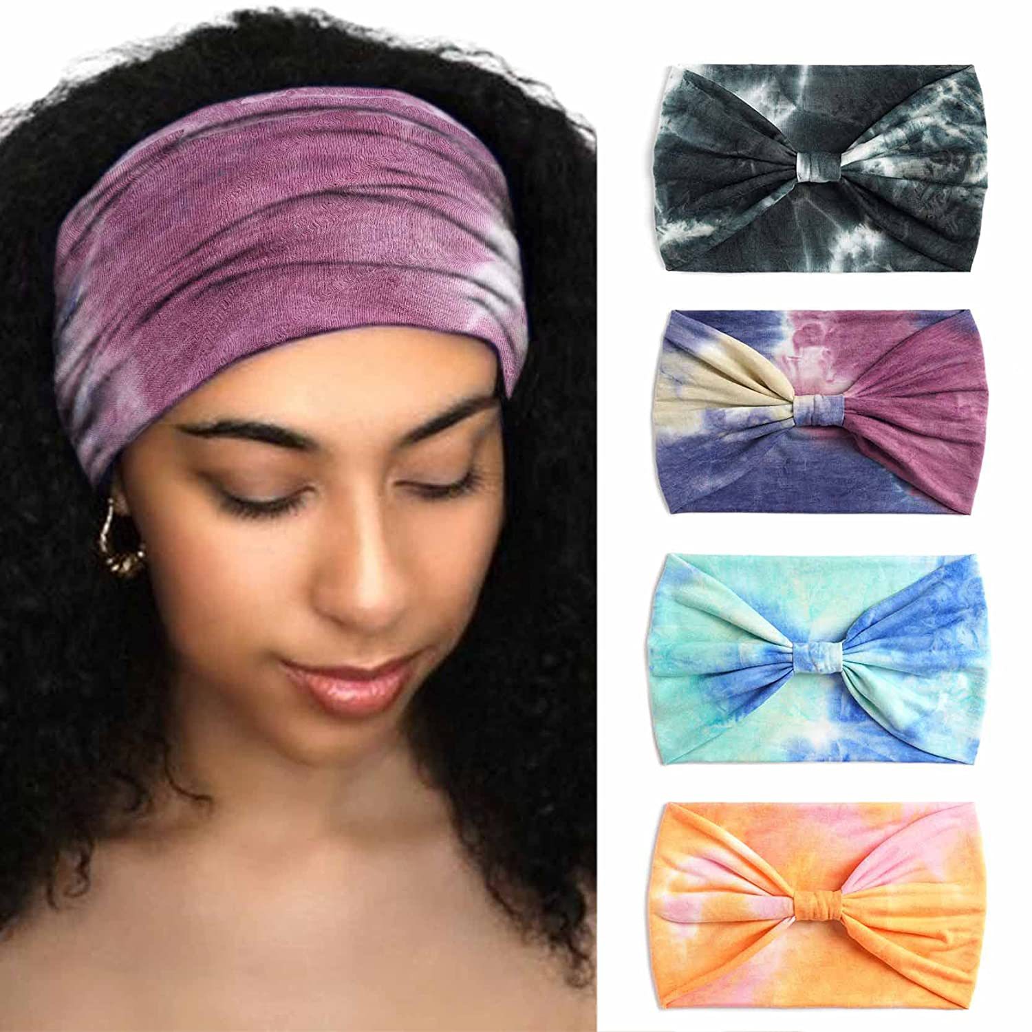 Bohemian Wide Hair Band Stretch Turban Knot Hair Band Elastic Yoga Sweatband Running Sports Tie-Dye Color Turban for Women