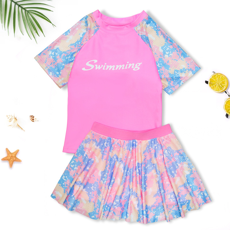 Girl's Swimsuit Wholesale 2023 Summer New Fashion Mesh Sports Conservative Leisure Hot Spring Children's Split Swimsuit