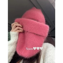 韩国粉色兔毛针织毛线帽子女秋冬季网红风显脸小防风保暖堆堆帽女