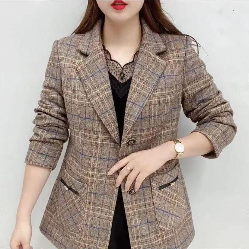 中年妈妈装格子小西装外套女外贸跨境宽松大码显瘦洋气减龄上衣潮