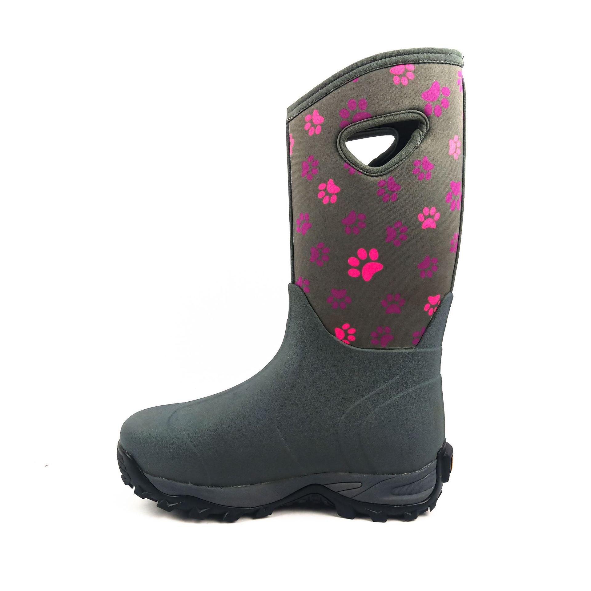 新款牛布朗黑色高筒圆头橡胶雨鞋男女中性彩色狗爪时尚印花雨靴