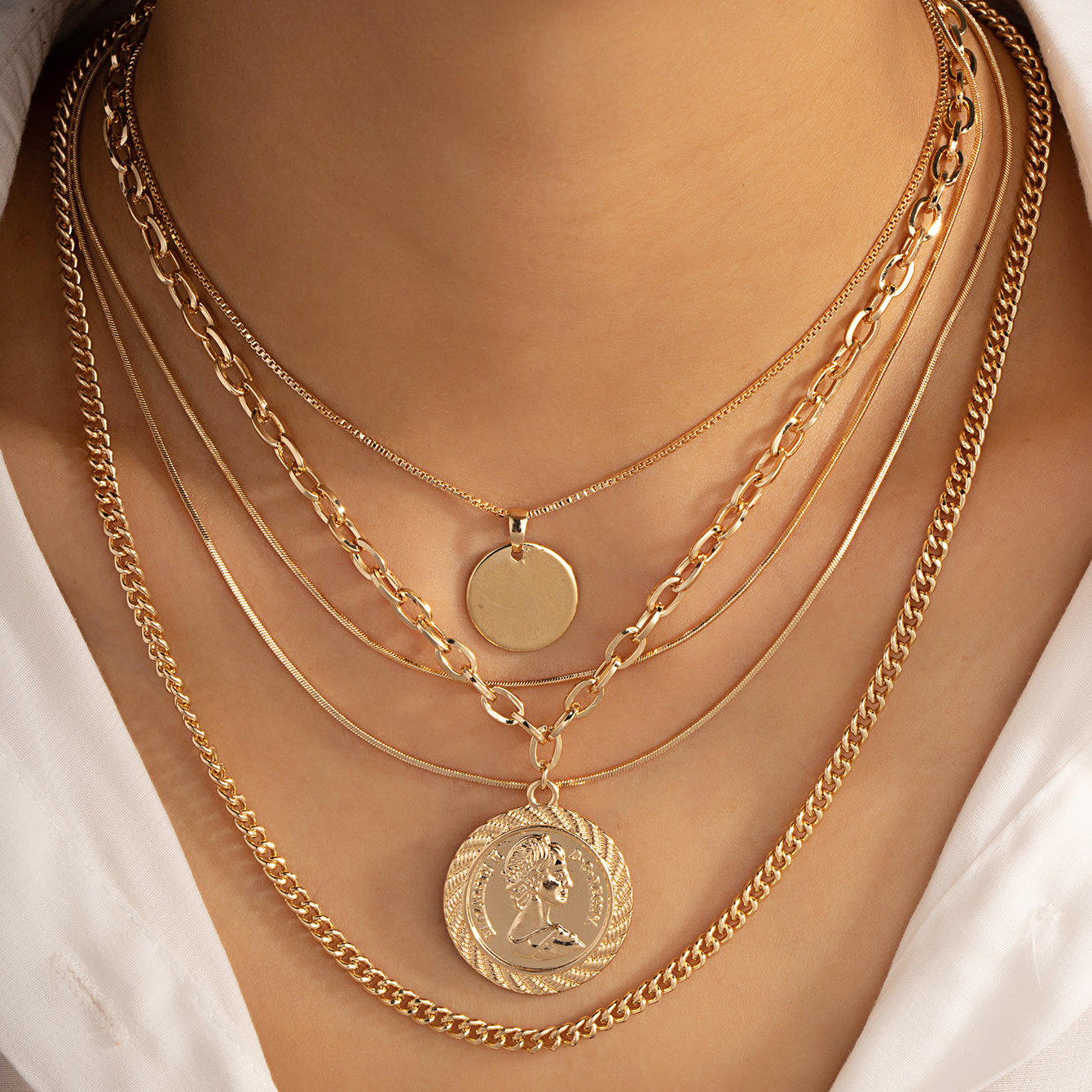 网红合金多层项链女欧美硬币吊坠流行钱币跨境电商亚马逊饰品批发