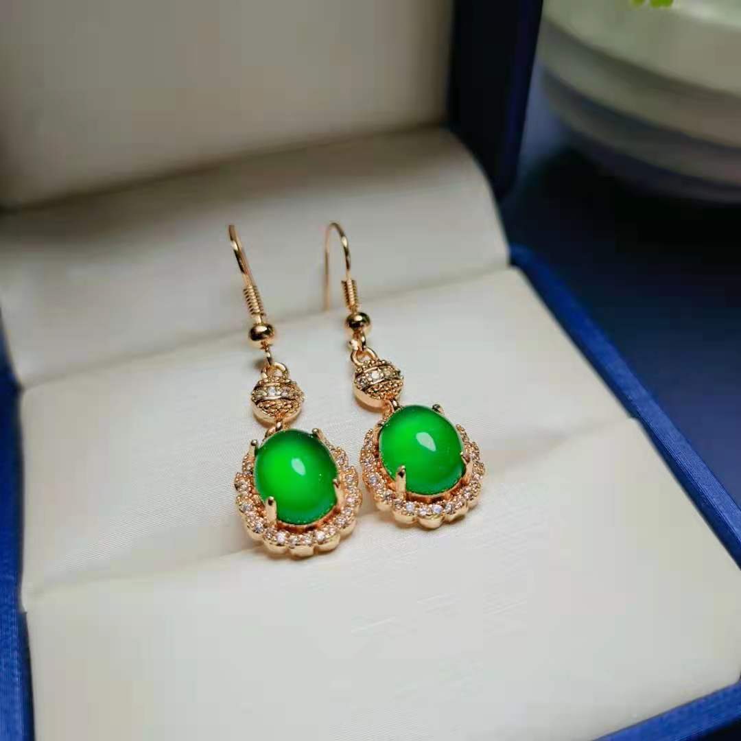 翡翠耳饰镶嵌耳坠冰种满绿蛋面s925银镶嵌玉石耳环阳绿长款