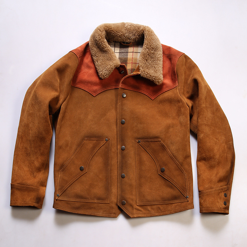 阿美咔叽复刻rl真皮夹克男复古做旧羊毛领拼接反绒黄牛皮皮衣
