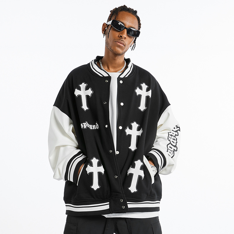欧美高街西海岸十字架棒球服男潮加厚潮牌美式宽松嘻哈夹克外套冬
