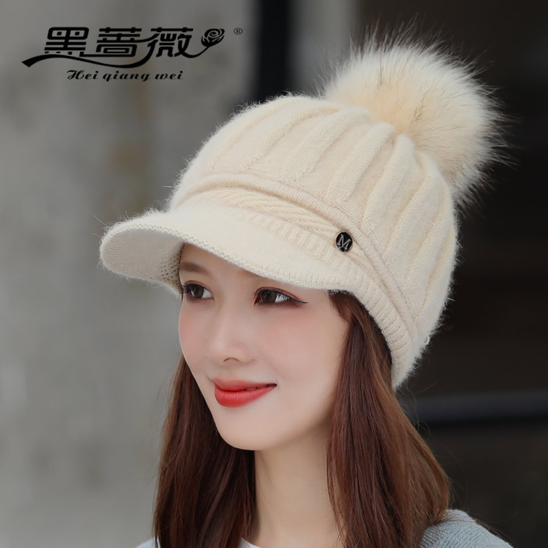 韩版新款兔毛针织棒球帽女纯色保暖毛线帽秋冬护耳显脸小加绒帽子
