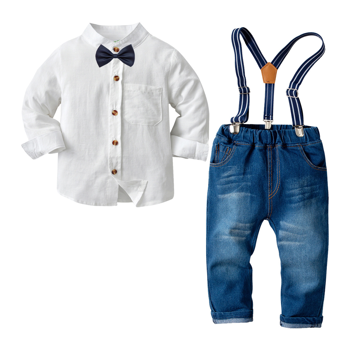 男童白色衬衫套装宝宝周岁背带裤男宝西服四件套秋冬儿童花童礼服