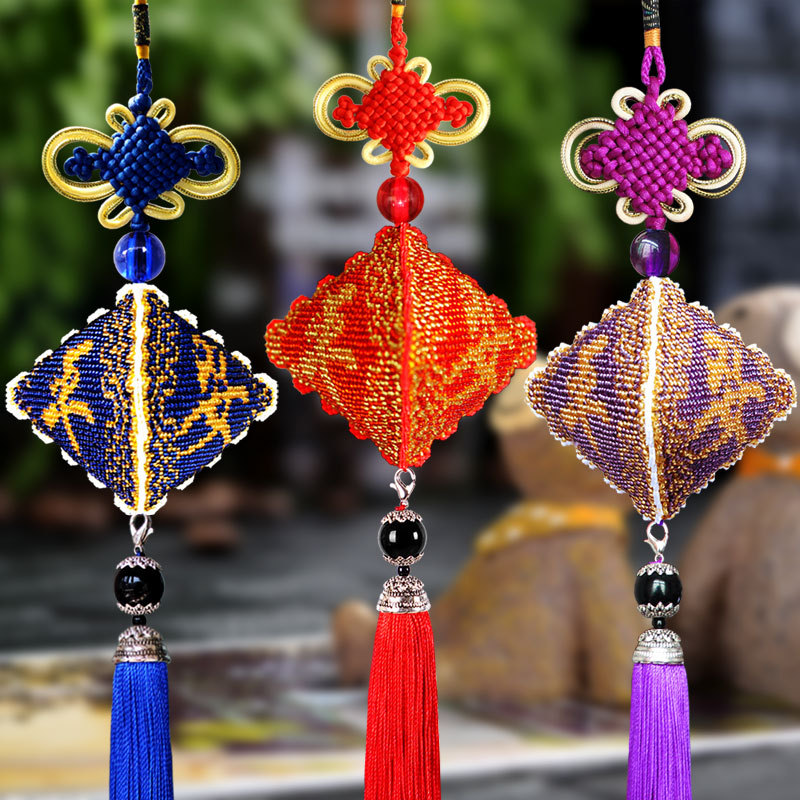 新款全珠绣平安福汽车挂件十字绣印花满珠子三面平安符小车挂饰品