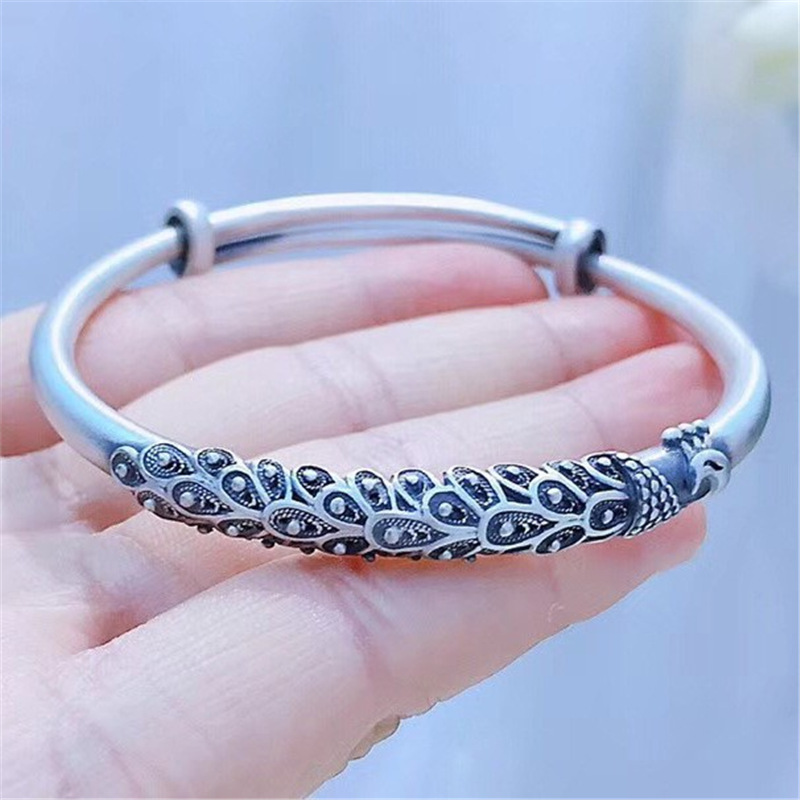 复古孔雀银手镯女 999银磨砂民族风银镯子时尚大气银饰品送妈妈