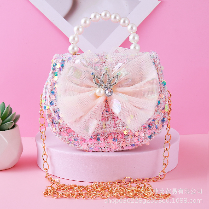 新款儿童包可爱亮片公主珍珠手提包小香风皇冠蝴蝶结女童挎包潮