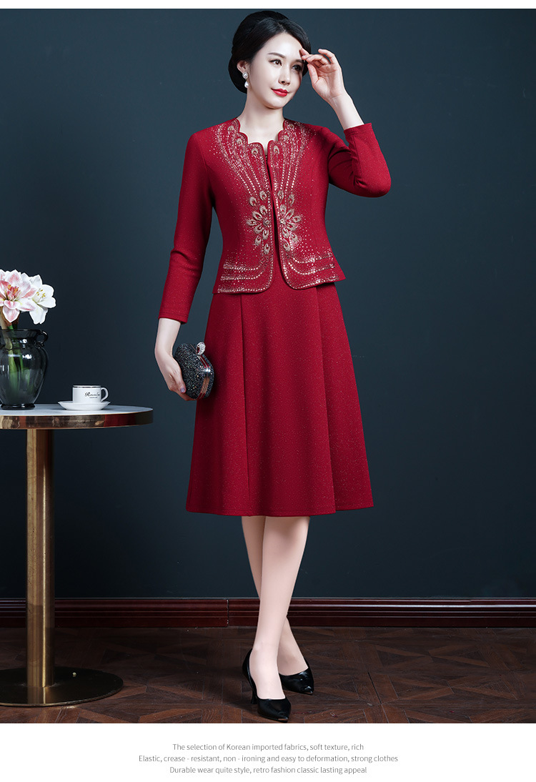 妈妈婚宴礼服喜婆婆高贵连衣裙春秋新款结婚中老年女套装裙两件套