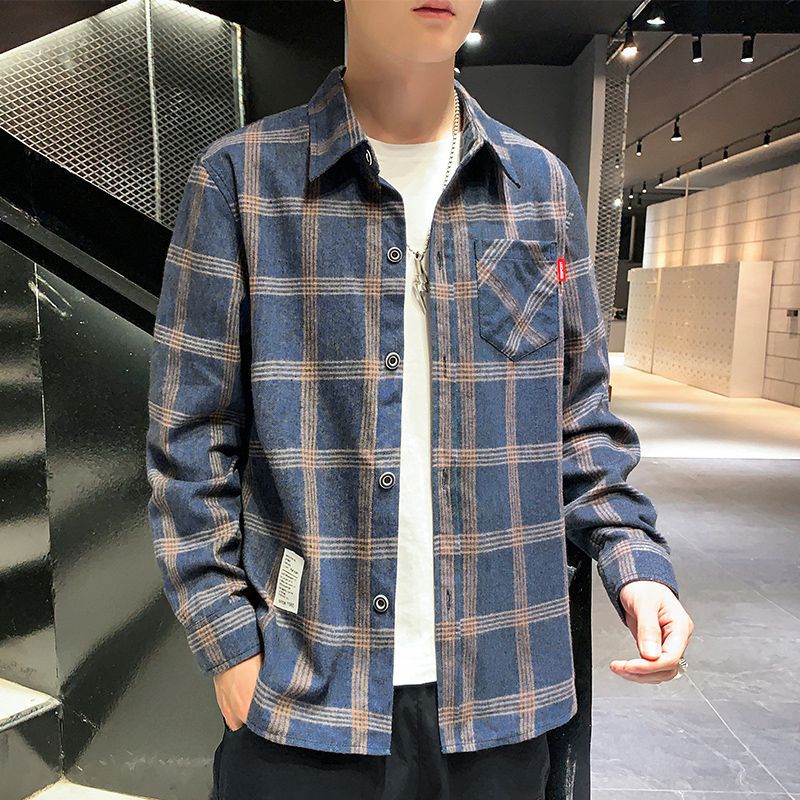 春季新款格子衬衫男长袖宽松复古港风格纹衬衣外套潮