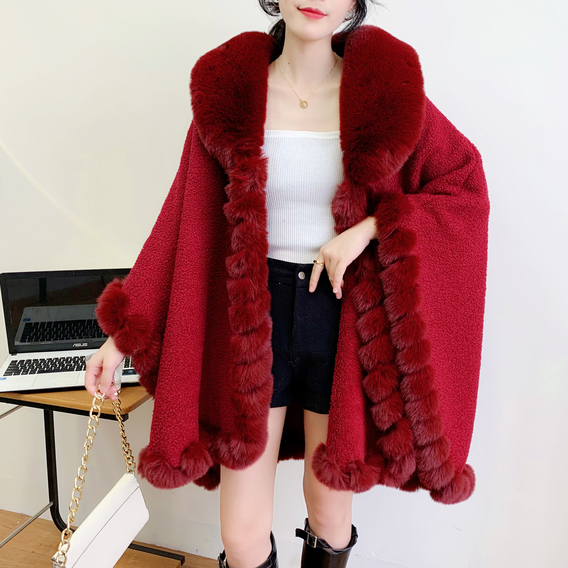 European and American Imitate Rex Rabbit Fur Sleeves Warm Cape and Shawl Women‘s Easy Matching Coat plus Size Banana Collar Handmade Wear Cardigan