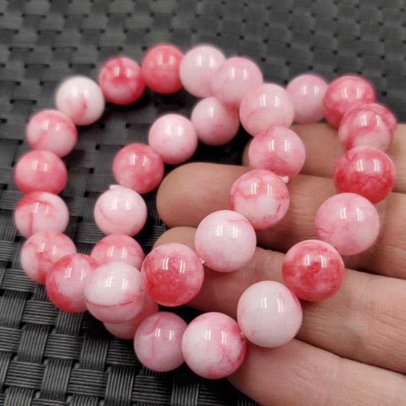 玉石手链桃花玉圆珠手链粉色石英岩玉手链12毫米圆珠手链玉手串