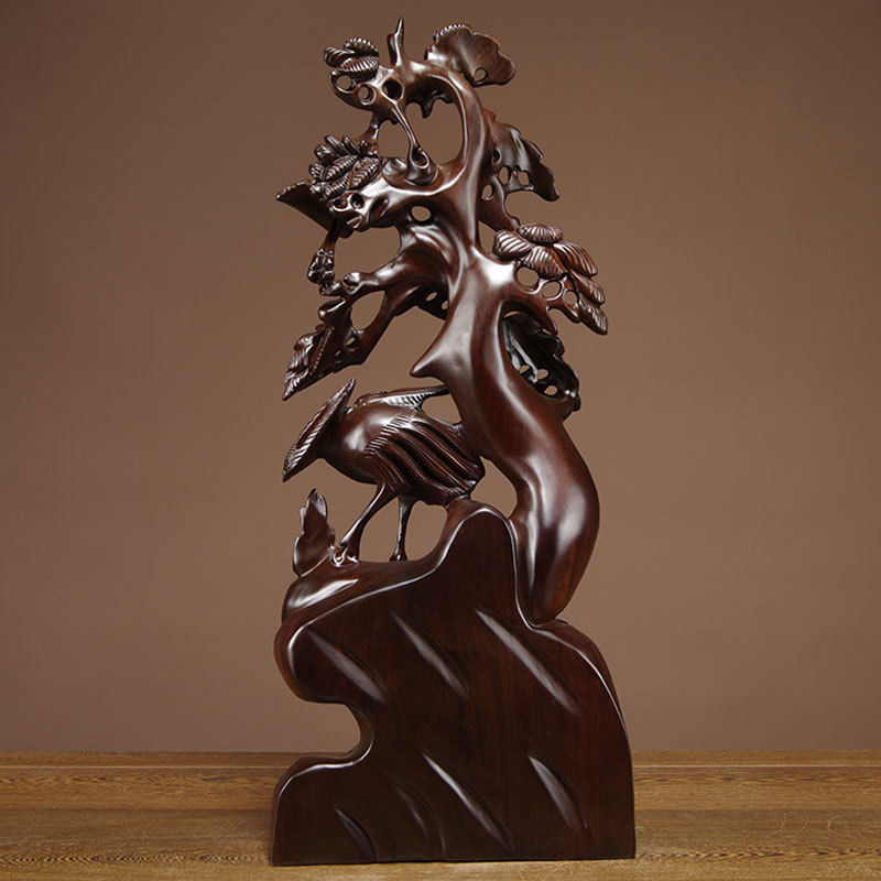 黑檀木雕松鹤延年摆件红木雕刻工艺品实木家居饰品客厅摆设送礼品