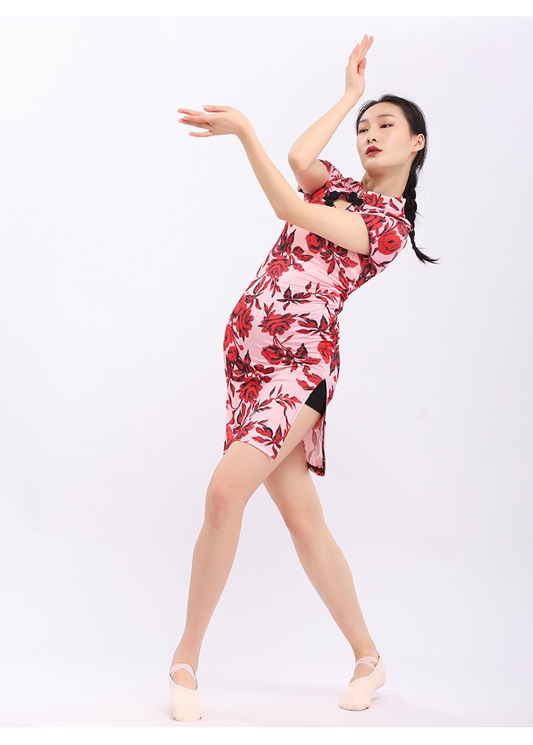 新款夏季东方江南水墨复古典舞现代性感印花旗袍舞蹈练习服修身女