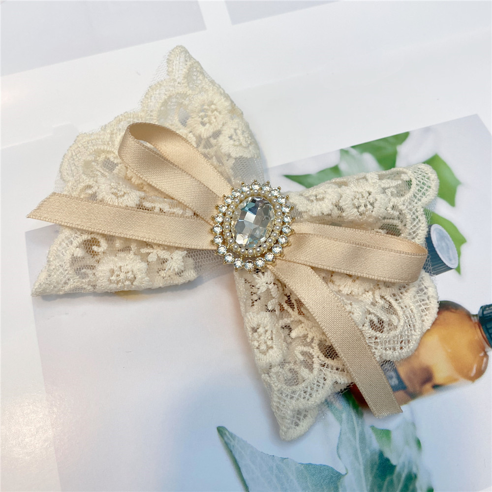 a050-1蕾丝花边甜美蝴蝶结发夹珍珠大水钻发饰弹簧夹少女外出发饰