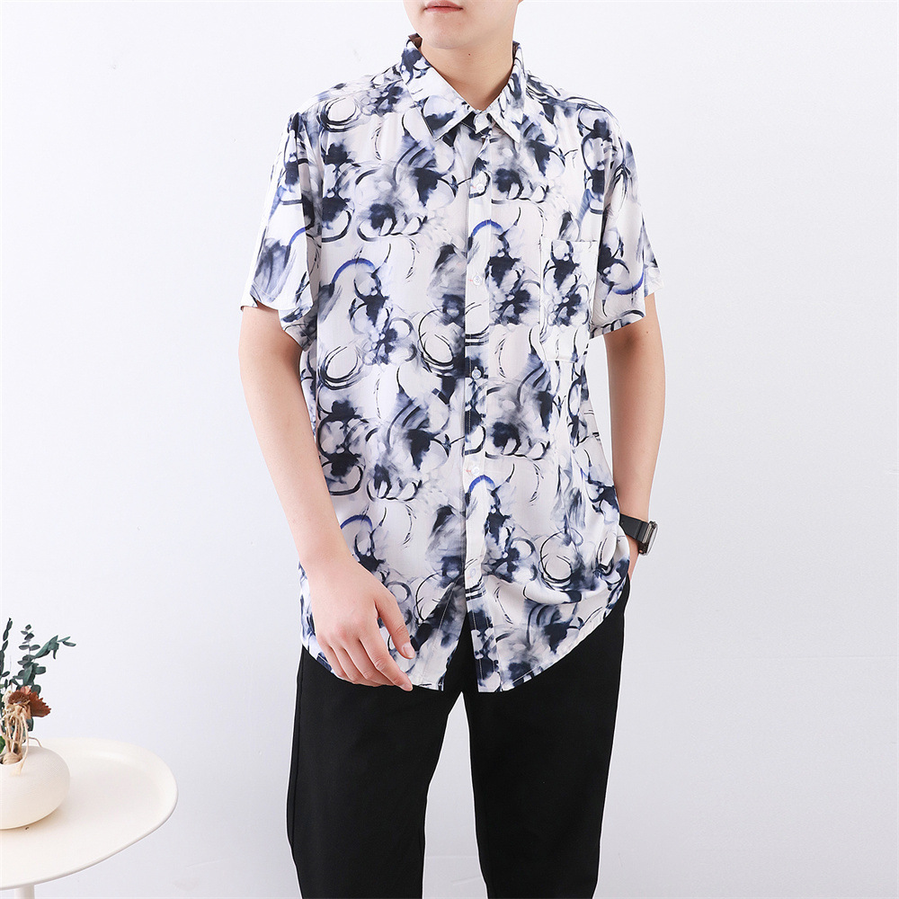 大码棉绸男士t恤短袖2024新款夏季翻领衬衫人造棉花色薄款衬衣男