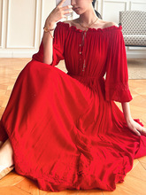 夏季新款度假连衣裙红色大摆裙波西米亚连衣裙一字肩欧美跨境女装