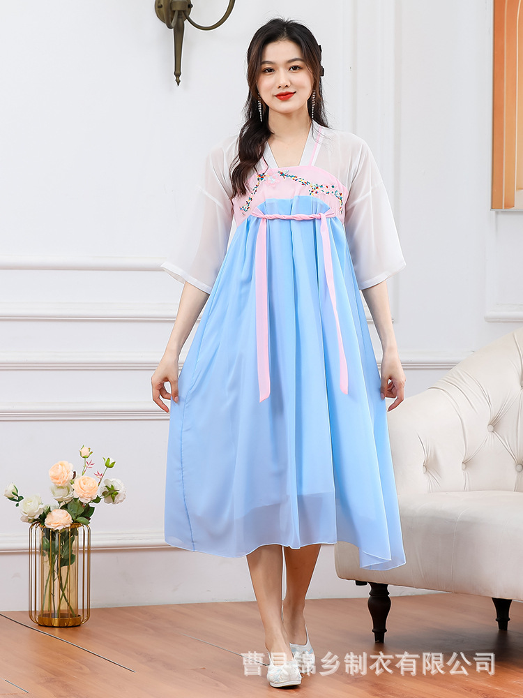 Improved Hanfu Dress Spring and Summer New Girl Student Embroidered Ancient Style Fairy High Waist Half Sleeve Han Elements Long Dress