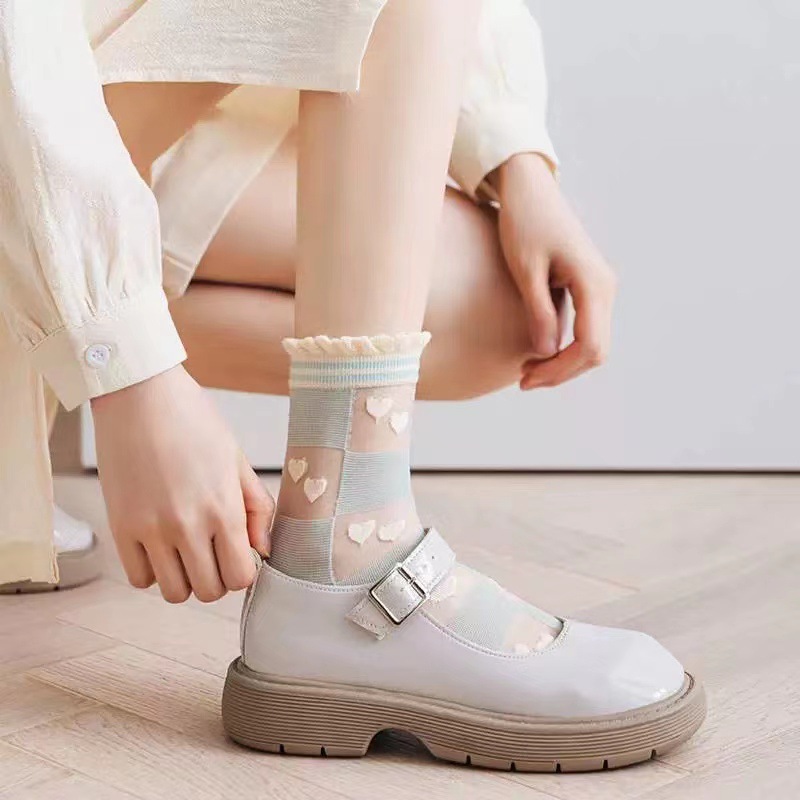 Green-Blue Light Color Socks Transparent Spun Glass Tube Socks Spring and Summer Thin Cute and All-Match Breathable Bunching Socks Women