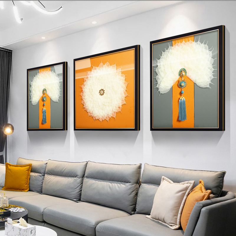 新中式菩提叶三联画客厅沙发背景墙手工立体装饰画现代轻奢实物画