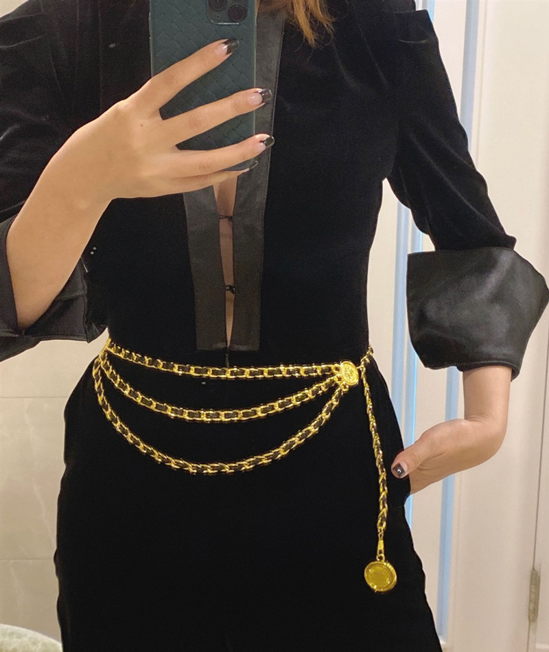 中古vintage可调镀真金腰带穿皮三层腰链锁链高档礼服圆吊坠配饰