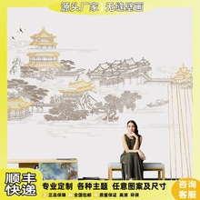 新中式线描山水建筑壁画阁楼客厅壁纸沙发影视墙布中国风壁布墙纸