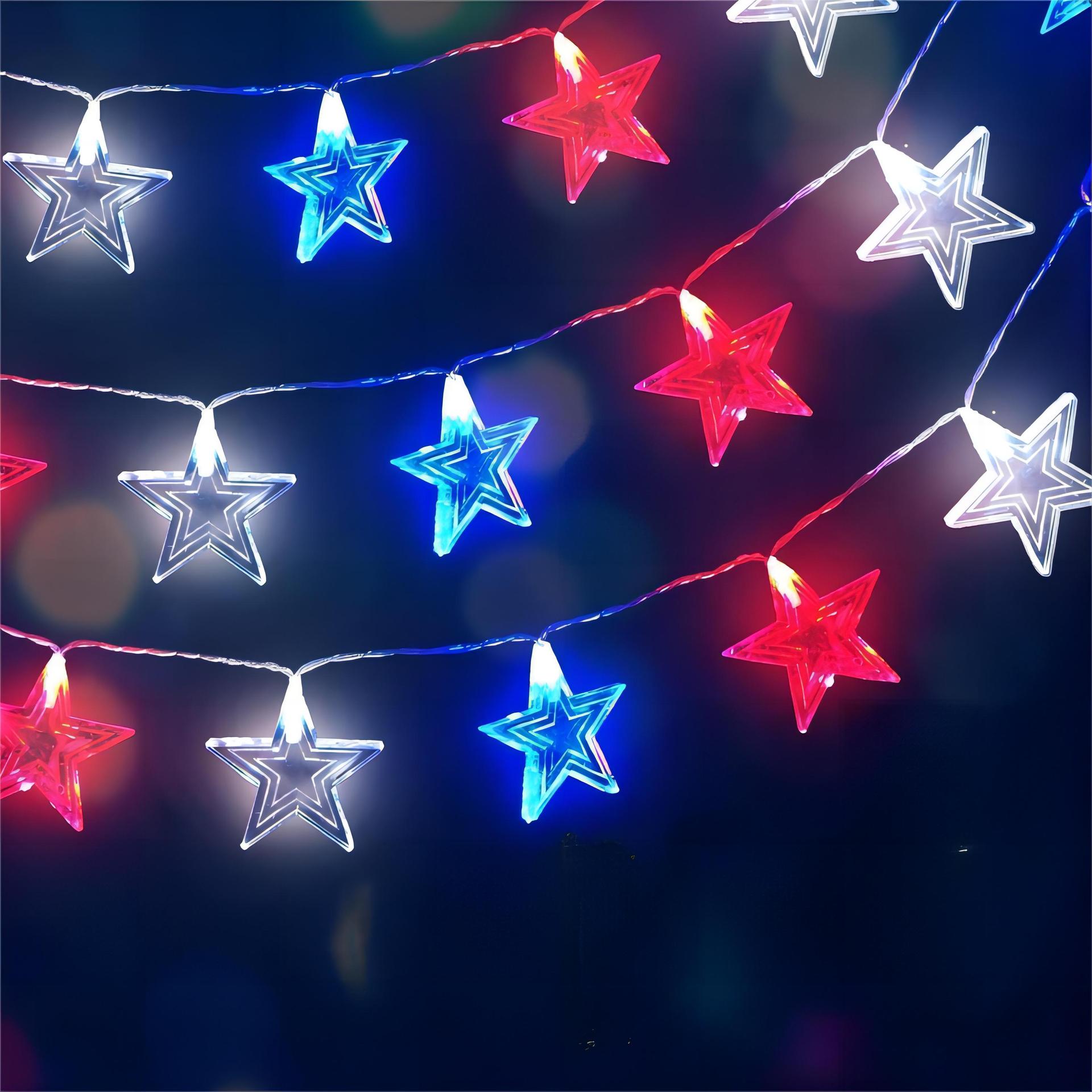 跨境红白蓝三色五角星装饰灯美国国庆led彩灯美国独立日灯串批发