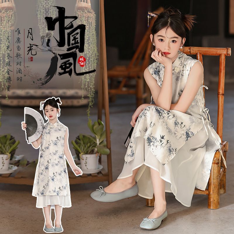 女童中式旗袍连衣裙夏季2024新款儿童夏装女孩国风水墨画汉服裙子