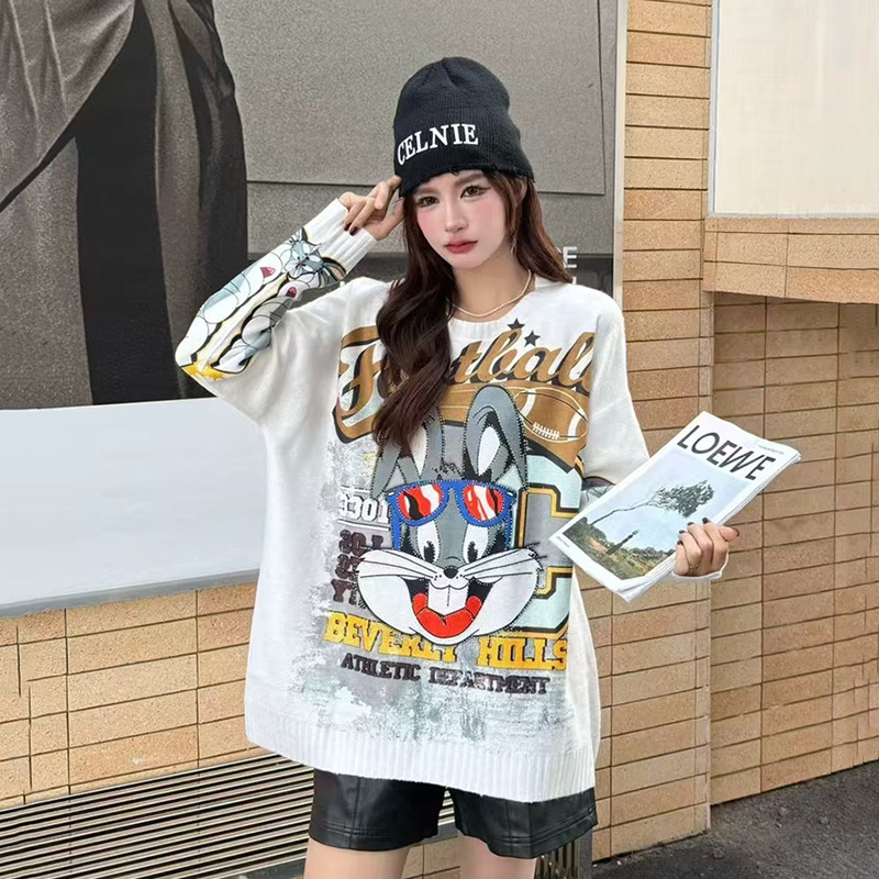 2025欧货潮流时尚秋季新款大版宽松重工卡通兔子长袖圆领毛衣上衣