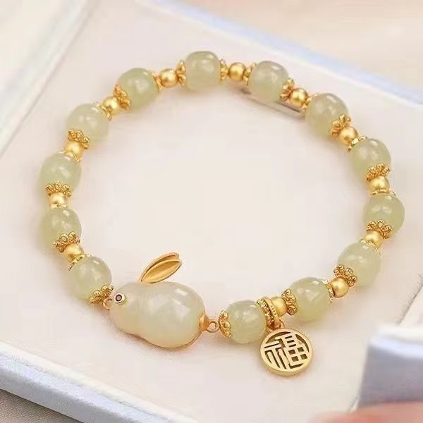 Imitation Hetian Jade Rabbit Blessing Card Bracelet for Women Ins Special-Interest Design Good-looking Students Bracelet Girlfriends Antique Gift