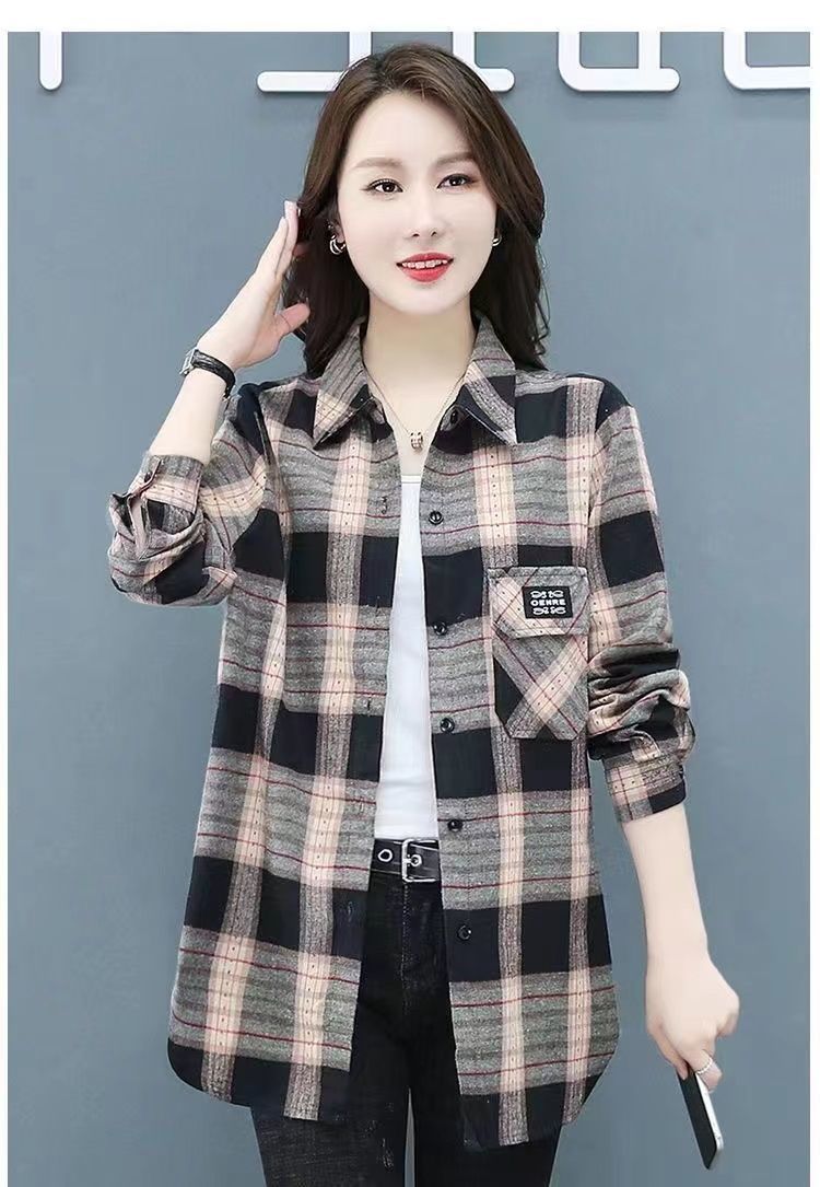 Spring and Autumn Mom Wear High-End Elegant Middle-Aged Plaid Shirt 50 Middle-Aged and Elderly Women Large Size Western Style Belly-Covering Long Sleeve Shirt