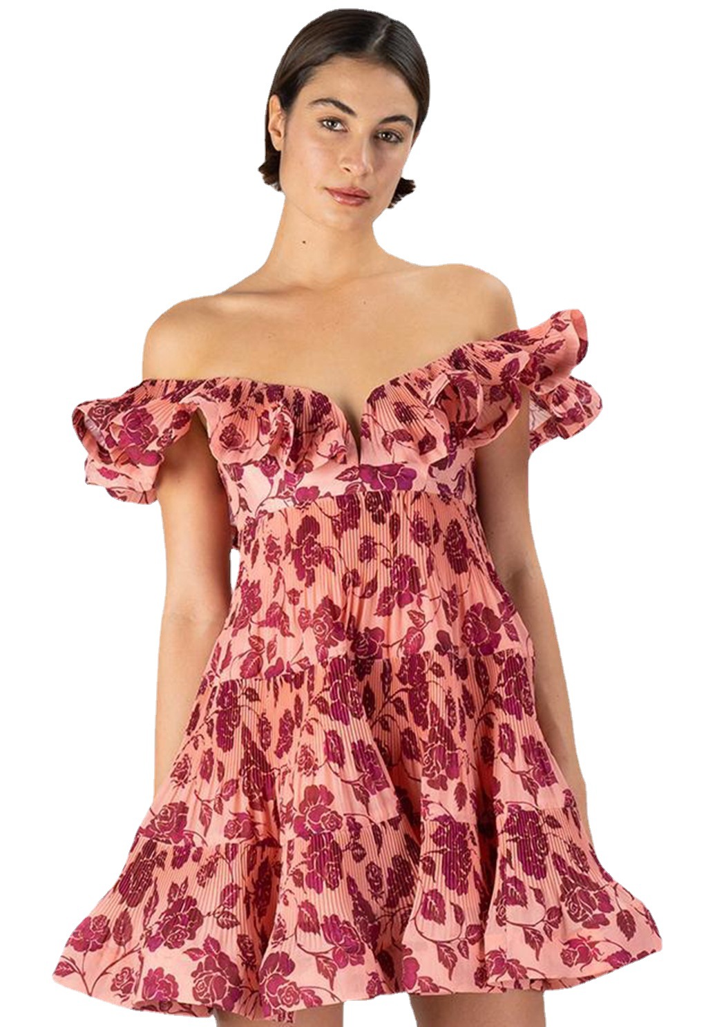 2022跨境新款一字肩性感礼服裙欧美名媛花朵束褶连衣裙小众公主裙