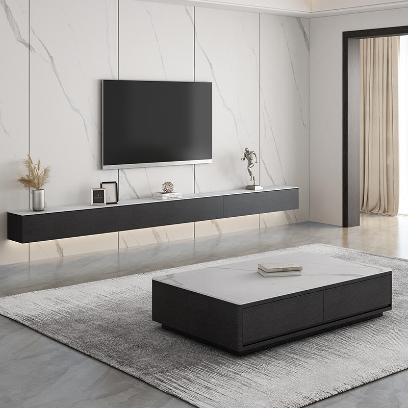 意式极简悬空电视柜壁挂式超窄实木悬浮墙柜现代岩板茶几吊柜组合