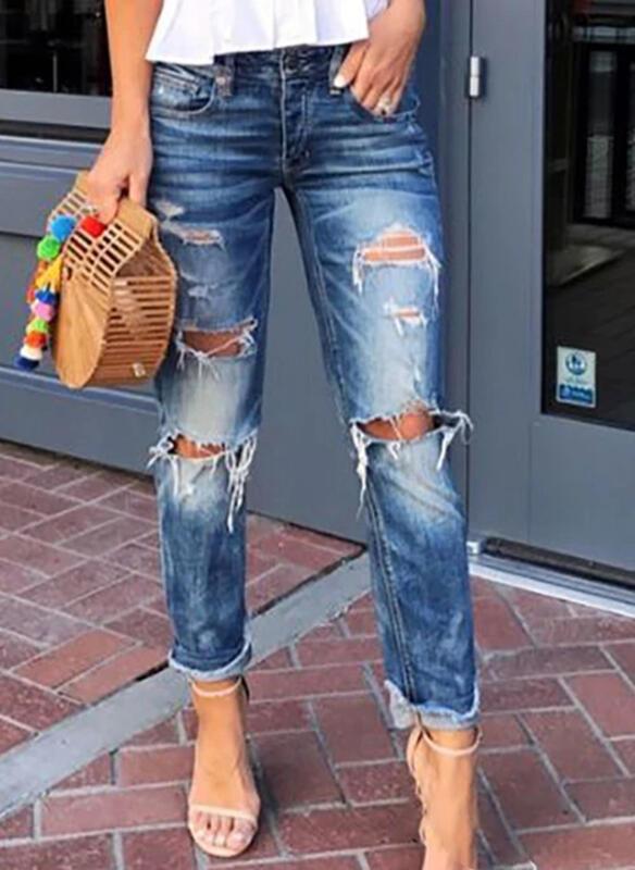 Europe and America Cross Border Foreign Trade Amazon Independent Station Wish Hot Sale Water Washed Hole Loose Straight Mid-Waist Denim