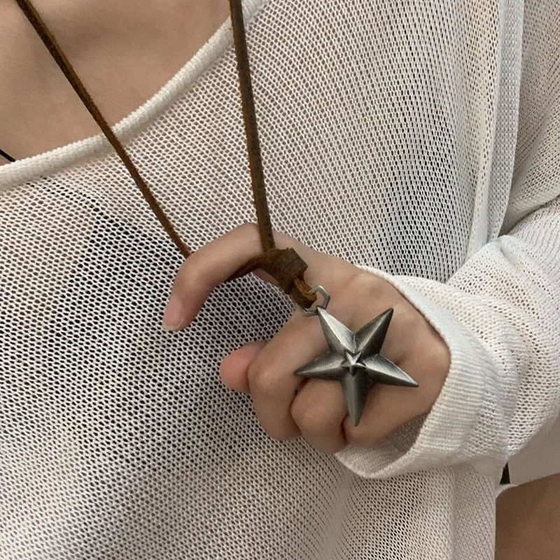 Adjustable Personality XINGX Pendant Punk Necklace Cowhide Alloy Silver Five-Pointed Star Long Necklace Sweater Chain