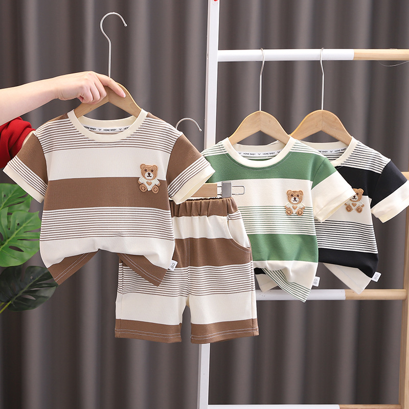 Children's Clothing Summer New Boys' Sports round Neck Short Sleeve Suit Baby 0-5 Years Old Casual Shorts Two-Piece Set