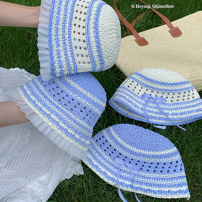 夏季镂空蕾丝花边蓝色条纹蝴蝶结草帽女渔夫帽盆帽显脸小防晒帽子