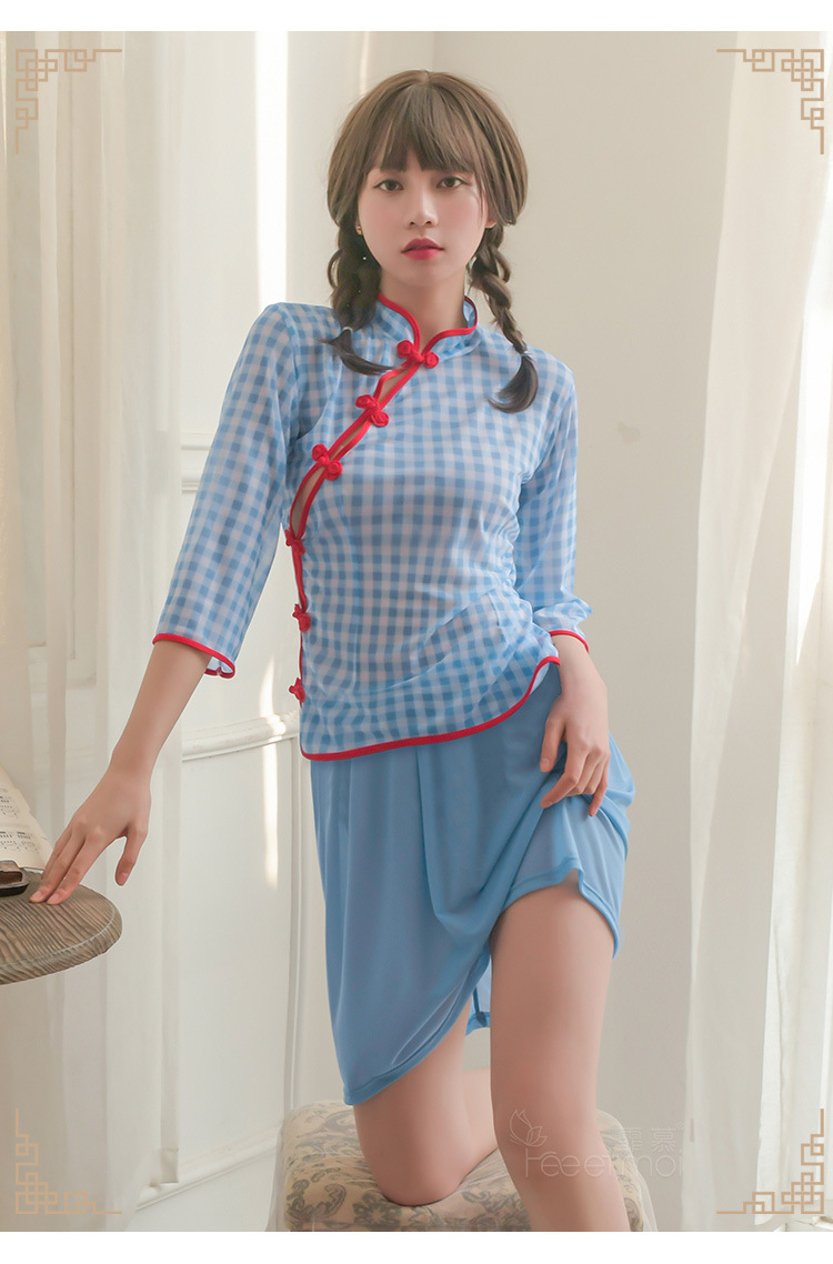 霏慕情趣内衣性感拼色格子民国学生装雪纺透视情趣制服7958