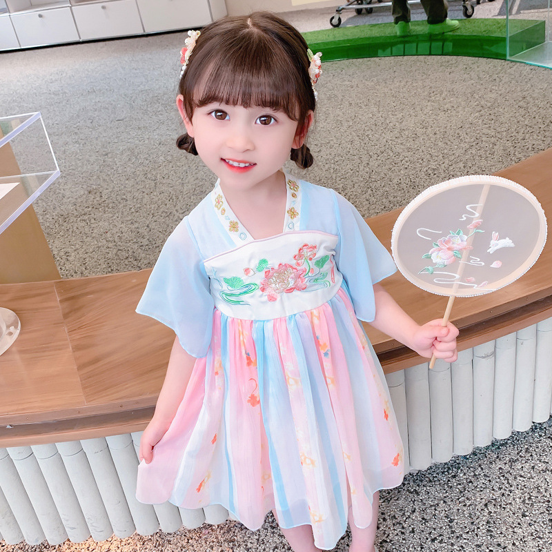 Girls' Lotus Hanfu 2023 Summer New Children's Clothing Children Ancient Chinese Clothing Dress Children's Bell Sleeve Fairy Dress