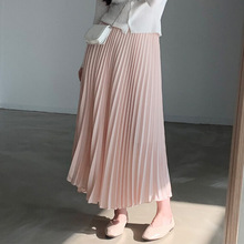 韩国chic夏季新款温柔高腰显瘦不规则过膝纯色大摆型百褶半身裙女