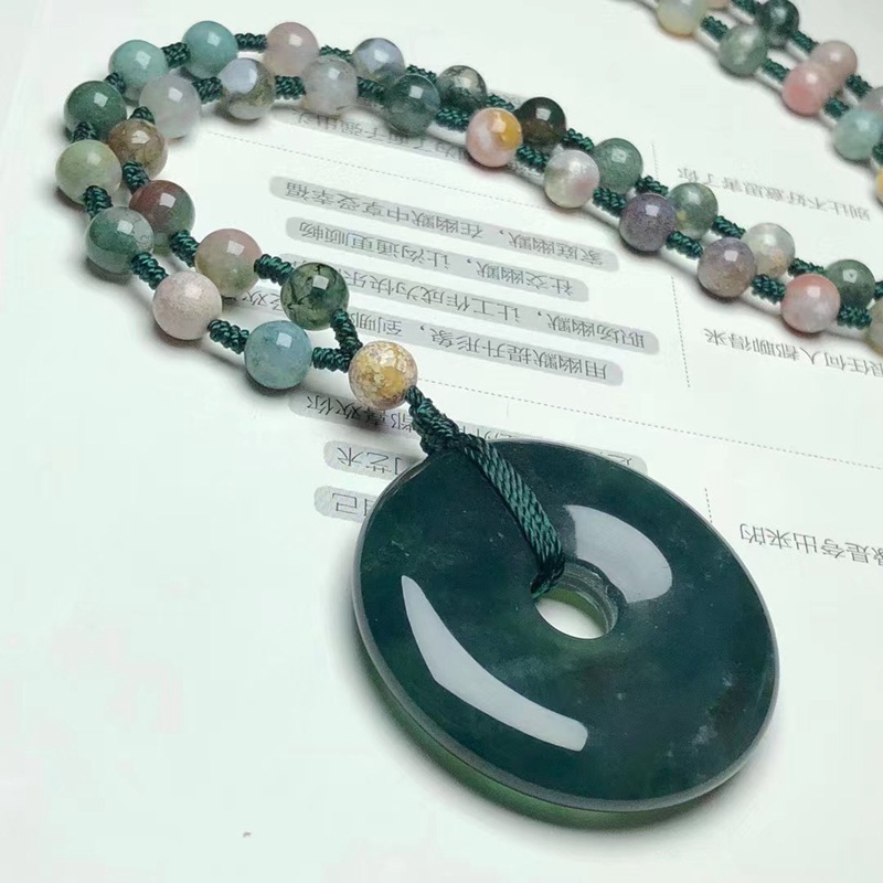 天然印度水草玛瑙平安扣毛衣链项链批发男女款无事牌吊坠代发