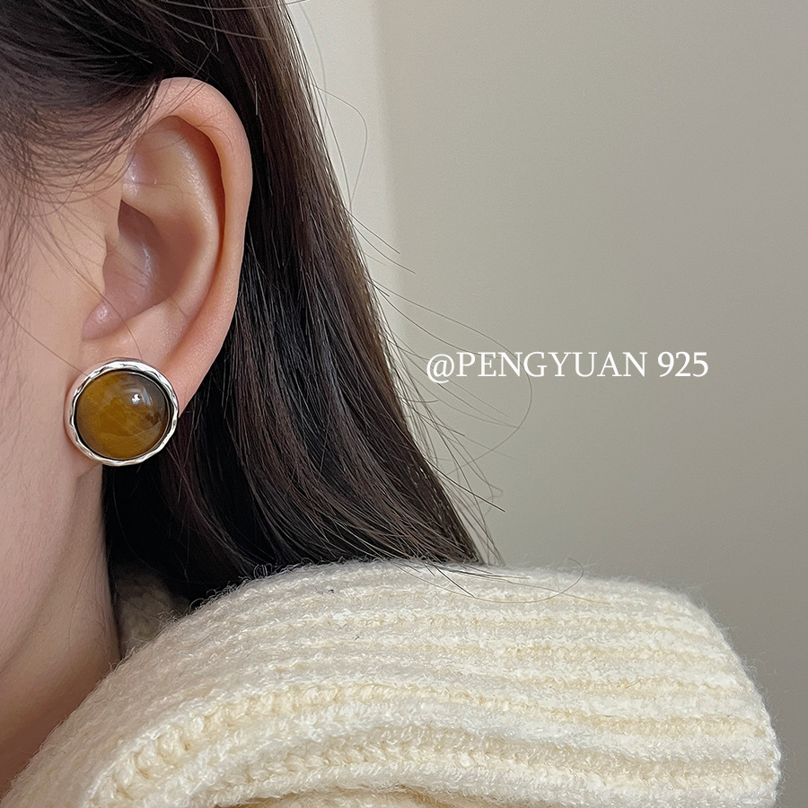 s925纯银复古圆形美拉德琥珀色耳钉日韩简约时尚个性in