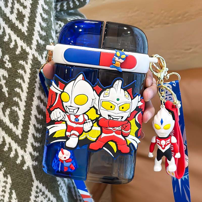 Ultraman Water Cup Children's Plastic Cup for School Good-looking Lanyard Water Bottle Sub-Warehouse Double Drink Cup with Straw Wholesale