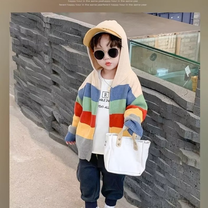 小童时髦彩条连帽针织外套男女童秋冬装宝宝拉链开衫韩版儿童毛衣