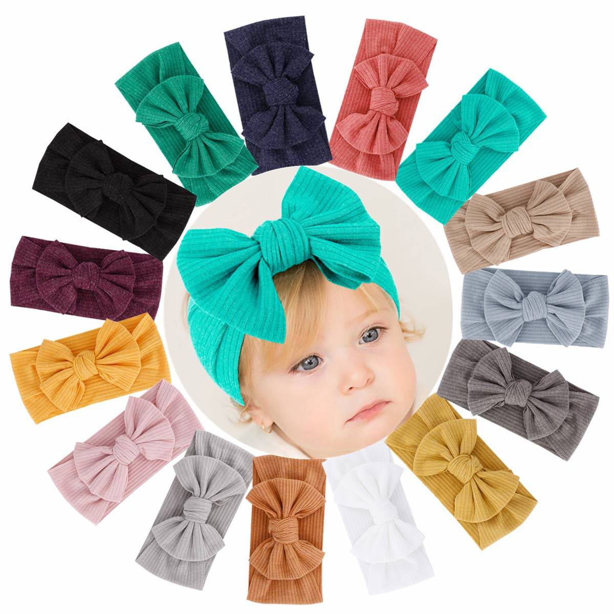厂家直销亚马逊新款20色弹力螺纹单层棉质儿童宽边蝴蝶结婴儿发带