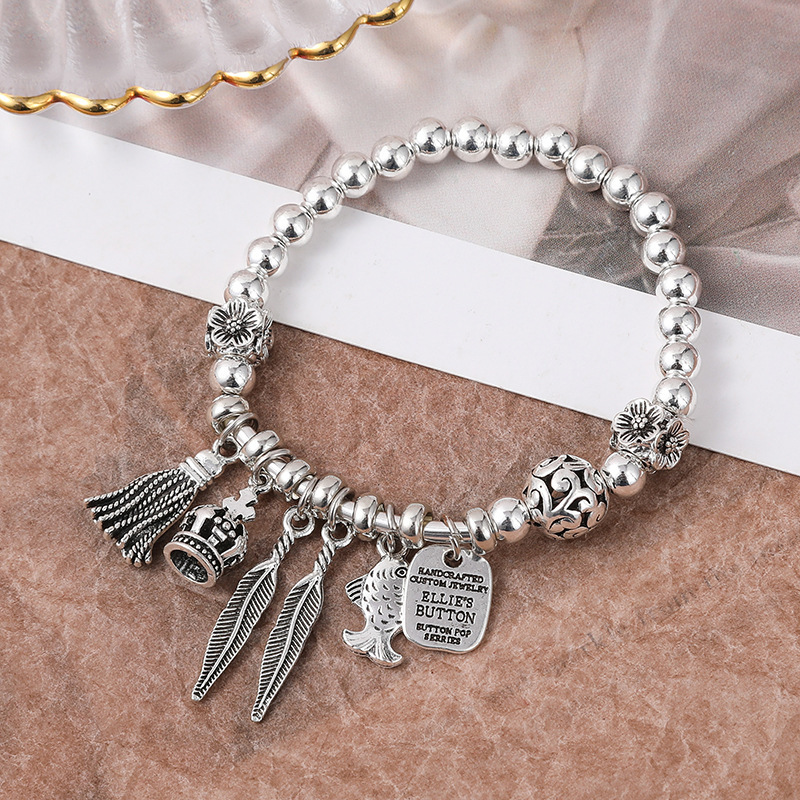 Korean Style Cute Tassel Cat Crown Small Fish Bracelet 6mm Imitation Sliver Beads Retro Bracelet Women's Fair Ornament